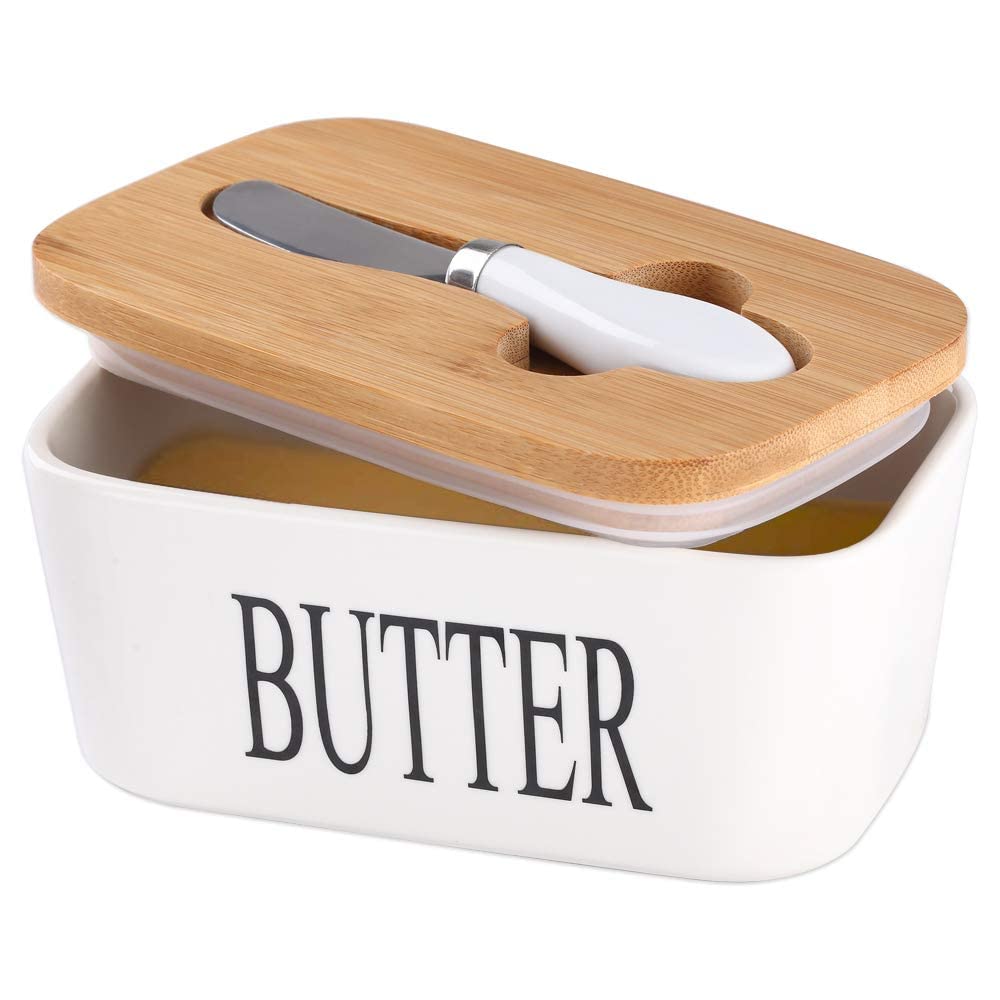 Butter Dish With Wooden Lid,Large Butter Container Keeper Storage Plate With Steal Butter Knife,Bamboo Cover And Silicone Sealing Ring For West East Coast Butter