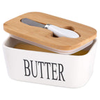 Butter Dish With Wooden Lid,Large Butter Container Keeper Storage Plate With Steal Butter Knife,Bamboo Cover And Silicone Sealing Ring For West East Coast Butter