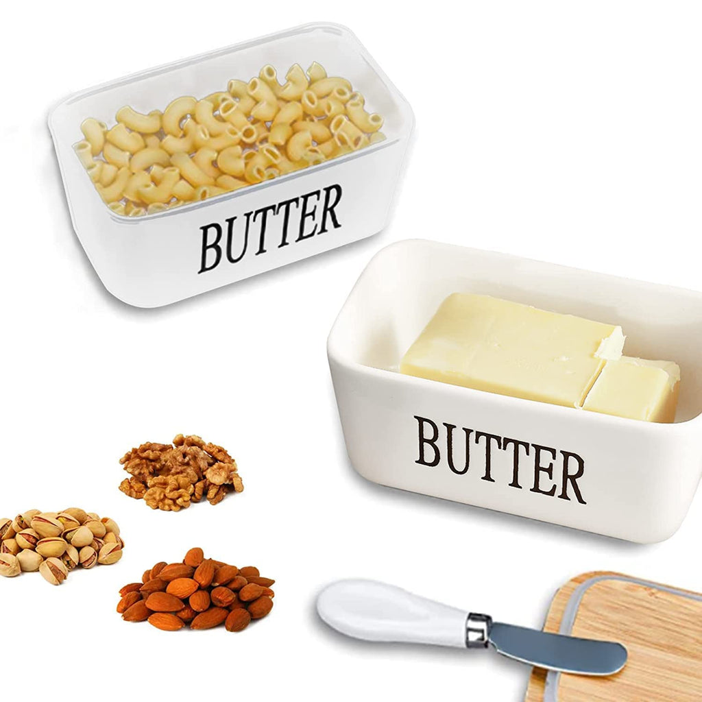 Butter Dish With Wooden Lid,Large Butter Container Keeper Storage Plate With Steal Butter Knife,Bamboo Cover And Silicone Sealing Ring For West East Coast Butter