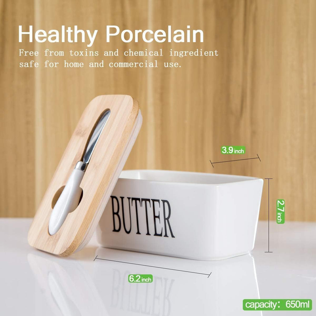 Butter Dish With Wooden Lid,Large Butter Container Keeper Storage Plate With Steal Butter Knife,Bamboo Cover And Silicone Sealing Ring For West East Coast Butter
