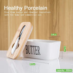 Butter Dish With Wooden Lid,Large Butter Container Keeper Storage Plate With Steal Butter Knife,Bamboo Cover And Silicone Sealing Ring For West East Coast Butter