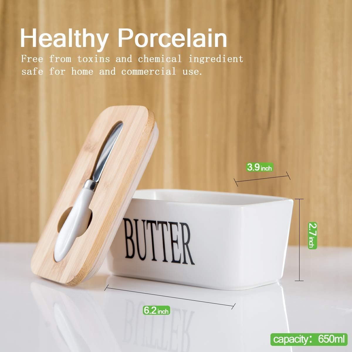 Butter Dish With Wooden Lid,Large Butter Container Keeper Storage Plate With Steal Butter Knife,Bamboo Cover And Silicone Sealing Ring For West East Coast Butter