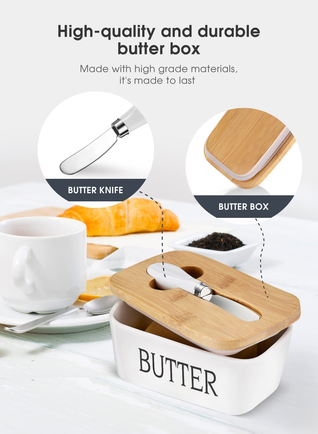 Butter Dish With Wooden Lid,Large Butter Container Keeper Storage Plate With Steal Butter Knife,Bamboo Cover And Silicone Sealing Ring For West East Coast Butter