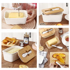 Butter Dish With Wooden Lid,Large Butter Container Keeper Storage Plate With Steal Butter Knife,Bamboo Cover And Silicone Sealing Ring For West East Coast Butter
