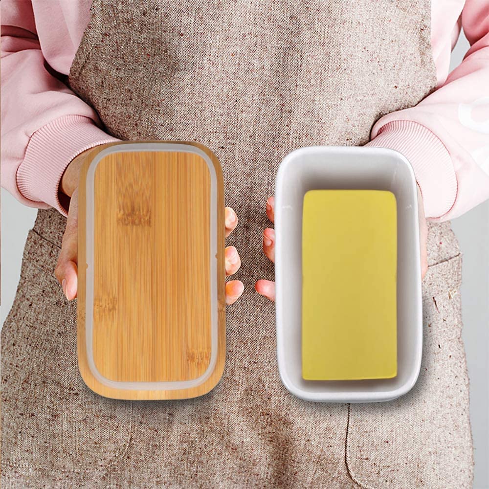 Butter Dish With Wooden Lid,Large Butter Container Keeper Storage Plate With Steal Butter Knife,Bamboo Cover And Silicone Sealing Ring For West East Coast Butter