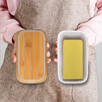 Butter Dish With Wooden Lid,Large Butter Container Keeper Storage Plate With Steal Butter Knife,Bamboo Cover And Silicone Sealing Ring For West East Coast Butter