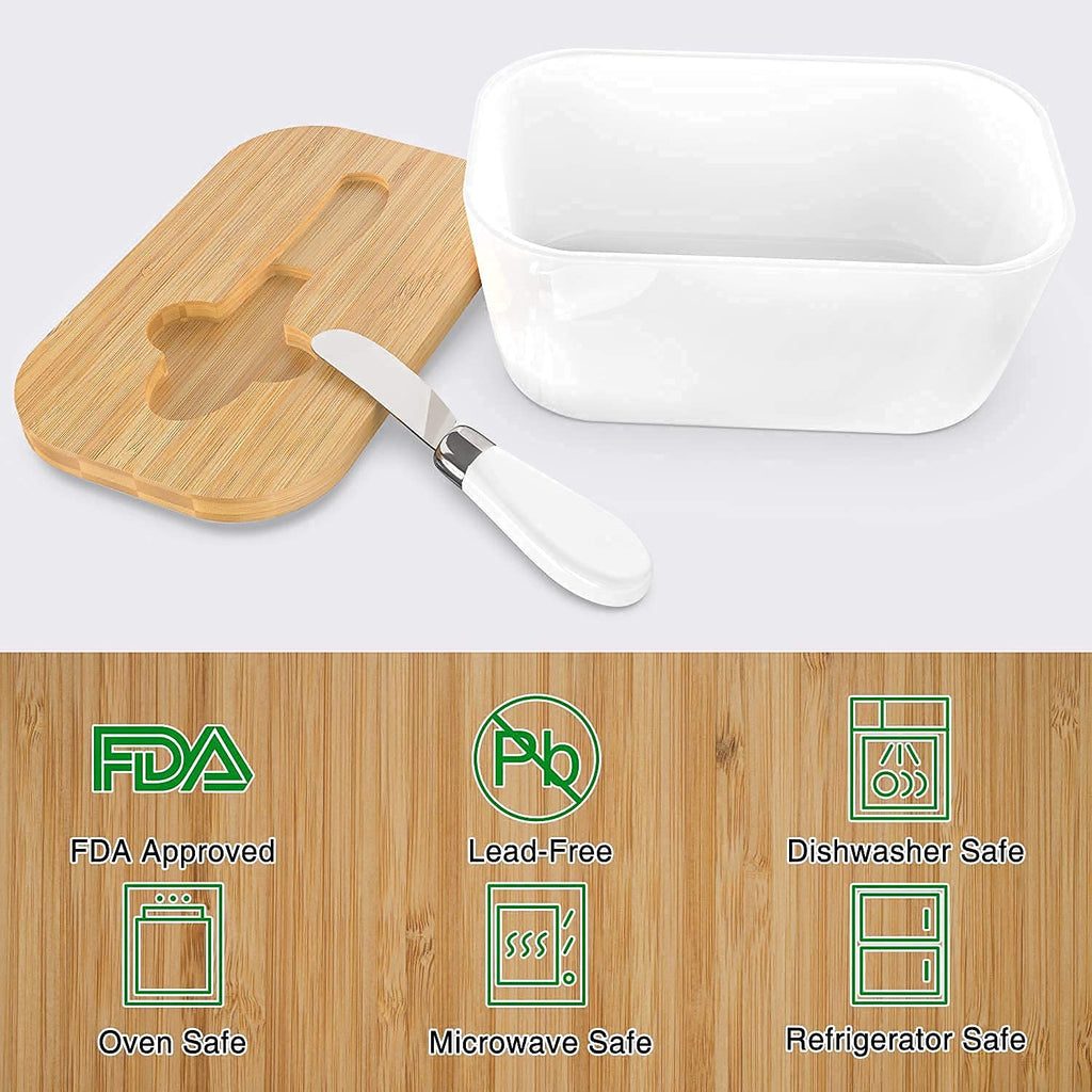 Butter Dish With Wooden Lid,Large Butter Container Keeper Storage Plate With Steal Butter Knife,Bamboo Cover And Silicone Sealing Ring For West East Coast Butter