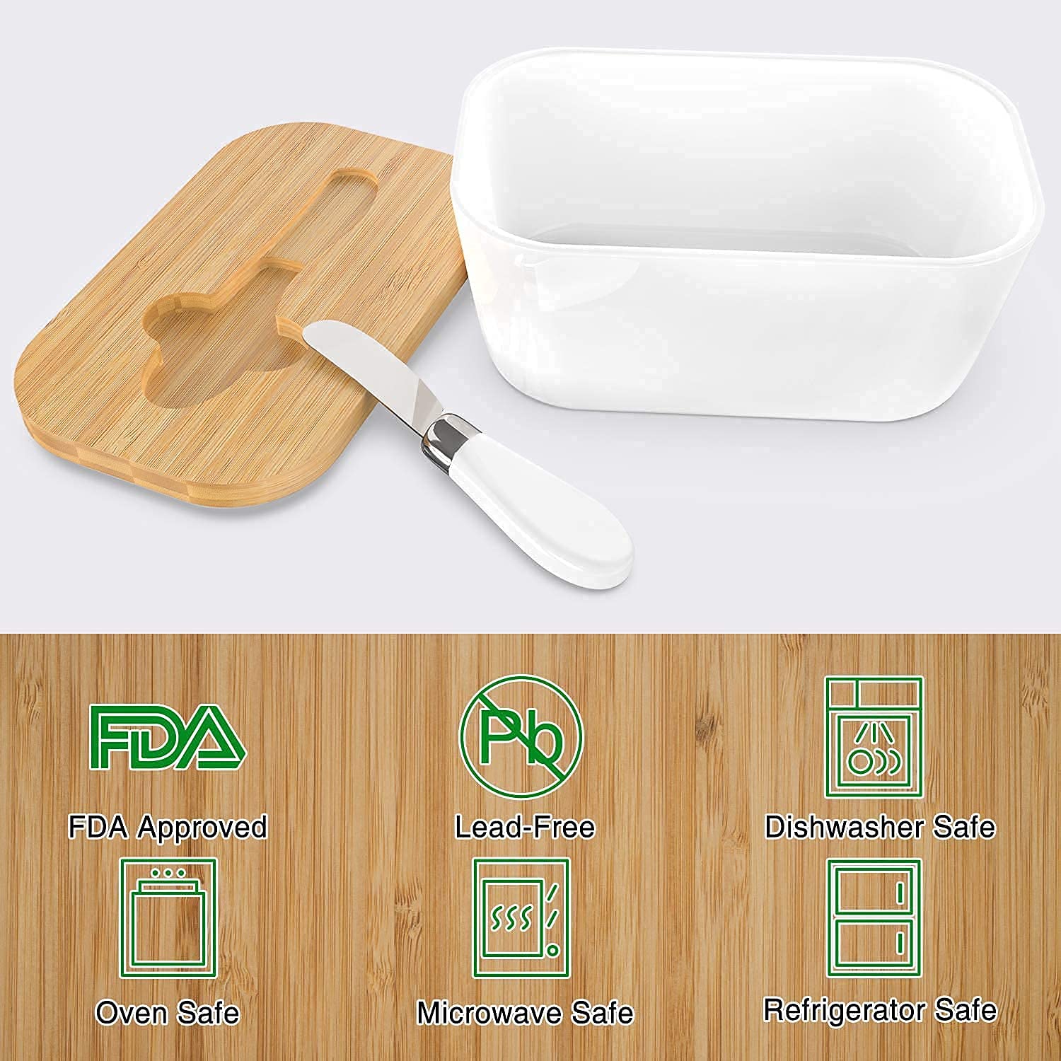 Butter Dish With Wooden Lid,Large Butter Container Keeper Storage Plate With Steal Butter Knife,Bamboo Cover And Silicone Sealing Ring For West East Coast Butter