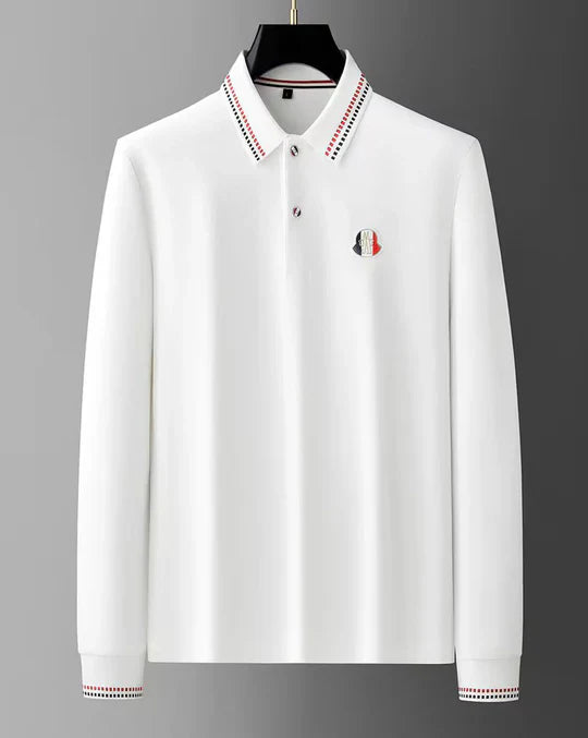 Men’s Elegant Beige Full-Sleeve Polo T-Shirt with Contrast Collar
