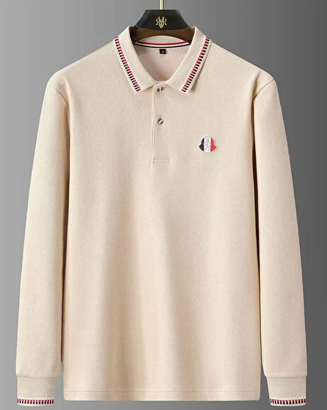 Men’s Elegant Beige Full-Sleeve Polo T-Shirt with Contrast Collar