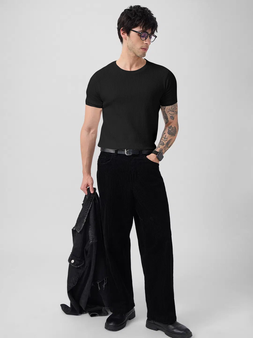 Classic Black Ribbed Knit T-Shirt for a Modern Casual Look